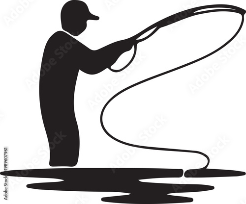 Fisher man fishing fish on the river icon, flat black vector icon