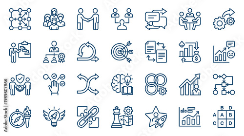 Business strategy and planning icons representing teamwork, project management, goals, analytics, and innovation for corporate success
