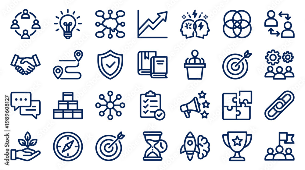 Fototapeta premium Business strategy and success icons representing teamwork innovation growth goals and achievement in a modern flat design style