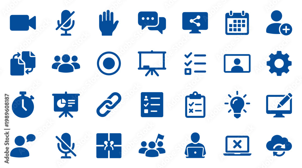 Fototapeta premium Collection of blue icons representing business communication collaboration and technology concepts on a white background