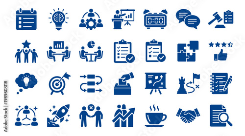 Collection of blue business and strategy icons representing planning, teamwork, success, and innovation on a white background