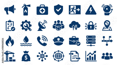 Collection of modern flat icons representing business safety security technology finance and communication concepts on white background