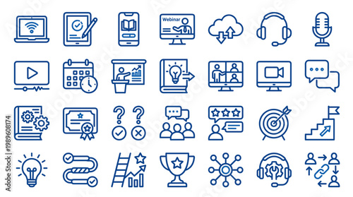 Online education and business development icons collection representing learning, strategy, teamwork, and success in digital and corporate environments