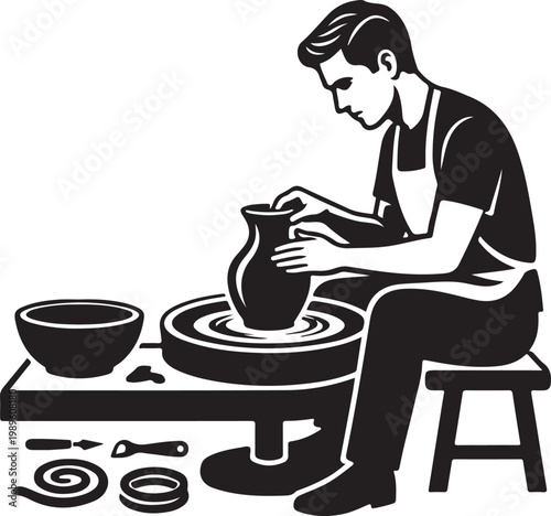 Man shaping clay on a potter's wheel with tools nearby creation process sculpture workshop formation creation