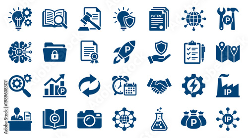 Intellectual Property Icons Set Innovation Business Law Technology Research Development and Strategy Concepts