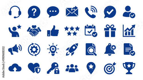 Collection of blue business and technology icons representing communication support success strategy and achievement on white background