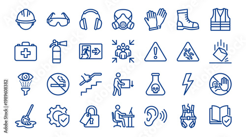 Fotografía Collection of safety icons representing workplace hazards and protective equipme