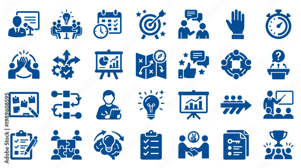 Fototapeta premium Collection of blue business strategy icons representing planning teamwork goals and success in a modern flat design style