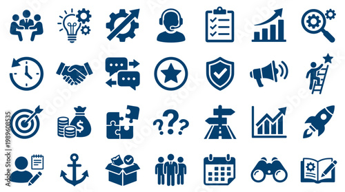 Collection of business and strategy icons representing growth success teamwork ideas and problem solving in blue tones on a white background