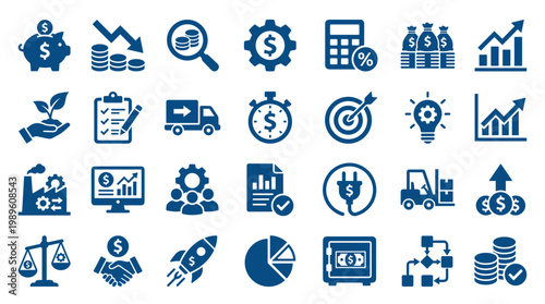 Collection of business and finance icons representing growth strategy investment success and industry progress with blue color palette