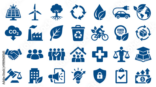 Collection of blue environmental and business icons representing sustainability, renewable energy, industry, teamwork, and legal concepts on a white background
