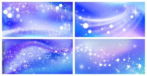 Gradient backgrounds with soft luminous streams and floating heart, circle and flower. Vector magic backdrops with sparkling particles. Fantasy set for branding or packaging, poster template