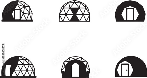 Glamping pods silhouette icon set, using flat filled black color symbol, editable vector illustration design