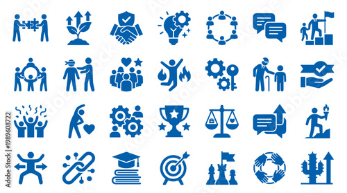 Collection of blue icons representing business concepts teamwork growth success strategy and achievement in a clean modern design