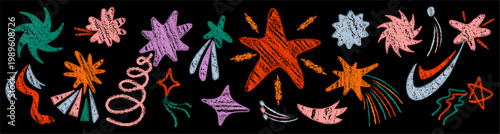 Crayon stars drawing with swirl accent. Vector geometric five and eight point figure combined with curved lines. Classroom creativity and freehand imagination. Textured pigment surface