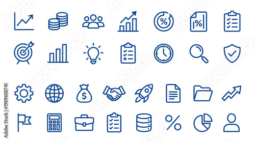 Business and finance icons set representing growth strategy planning and success elements for presentations and digital marketing