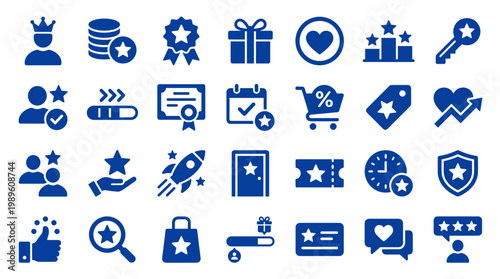 Collection of blue loyalty program and customer reward icons representing success, achievement, and customer satisfaction on a white background