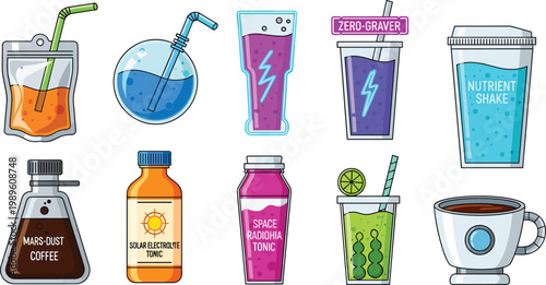 Futuristic Sci-Fi Space Beverage Icon Set Featuring Mars Coffee, Nutrient Shakes, Galactic Energy Drinks, and Astronaut Food Pouches for Gaming and Cyberpunk UI Design