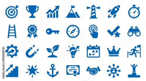 Collection of blue business and success icons representing goals achievement growth strategy and teamwork on white background