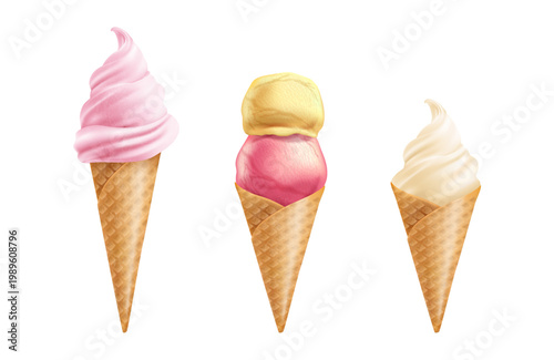 Gelatos in waffles, isolated set of realistic ice creams in crunchy cones. Vector tasty creamy ingredients and delicious fruity frozen desserts. Summertime products, street food and meal