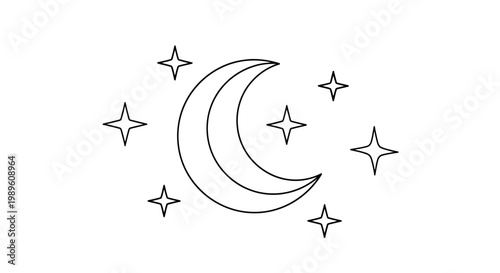 Crescent moon and stars simple line drawing.