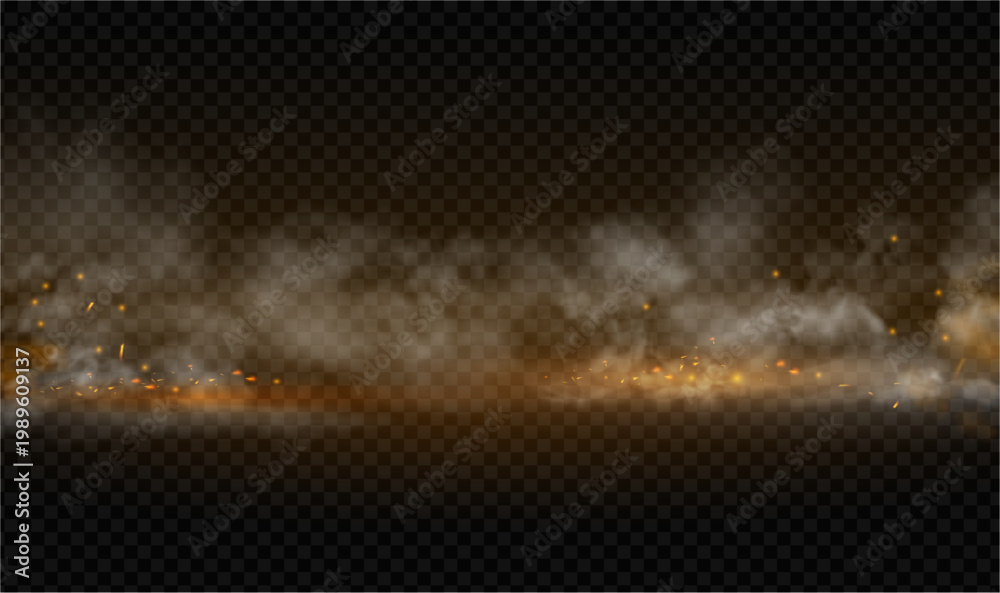 Fototapeta premium Fire and smoke rising from floor surface with glowing flame. Vector vapor spreading across ground. Background for danger concept or energy theme, disaster scene or powerful dramatic design