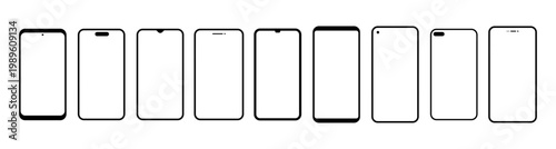 Smartphone screen outlines set with different notch designs and front camera placements. Vector isolated mobile phone panels collection. User interface presentation and app development