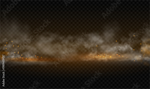 Fire and smoke rising from floor surface with glowing flame. Vector vapor spreading across ground. Background for danger concept or energy theme, disaster scene or powerful dramatic design