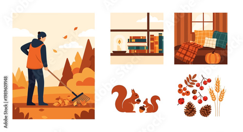 Flat design vector illustration of autumn harvest scene showing people gathering crops in a warm outdoor environment with bright sunlight