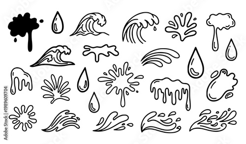 Abstract Liquid Doodle Elements with Water Drops Ocean Waves Splashes and Flowing Fluid Shapes Vector Collection
