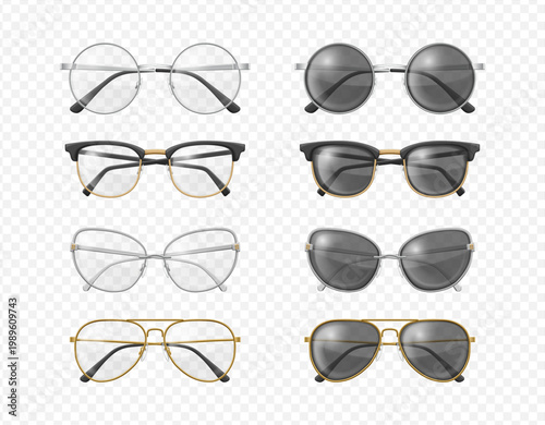Stylish accessories for men and women, isolated set of vision correction and eye protection glasses. Vector modern and fashionable addition to apparel. Fashion eyewear and outfit complement