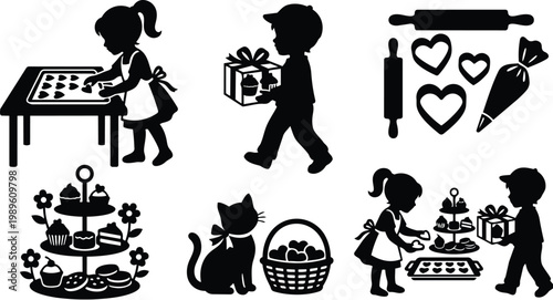 Vector art children baking treats at a kitchen table with gifts and hearts