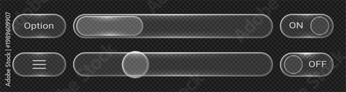 Glass UI sliders set. Vector option and sound adjustment, brightness control and toggle switches. Transparent bar and rounded indicators. Mobile app, website dashboard and control panels