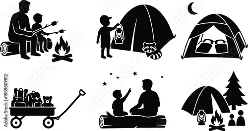 Family camping scenes with tents and campfire
