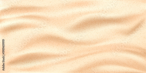 Sandy beach texture with grainy effect. Vector realistic style, sand particles forming waves on surface. Splatter granules and noise, background for tropical vacation ad. Exotic coastline