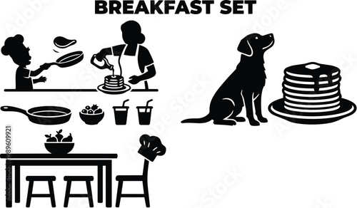 Breakfast set vector with pancakes cooking figures table scene and dog silhouette