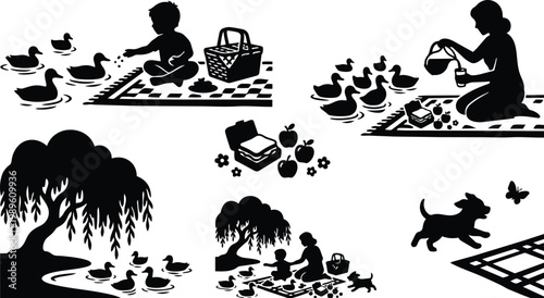 Vector art scene with children feeding ducks on picnic blanket in a park