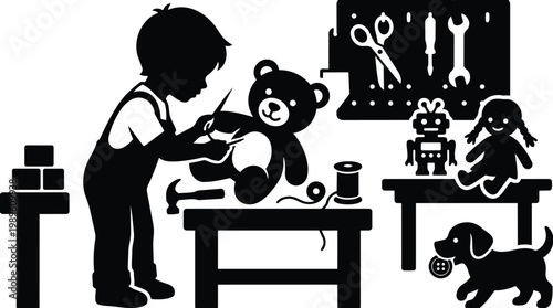 Child silhouette cutting plush teddy in a handmade workshop scene with toys