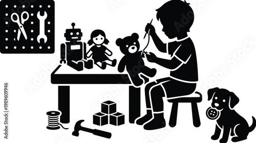 Toys on a workshop table with a child and pet dog vector