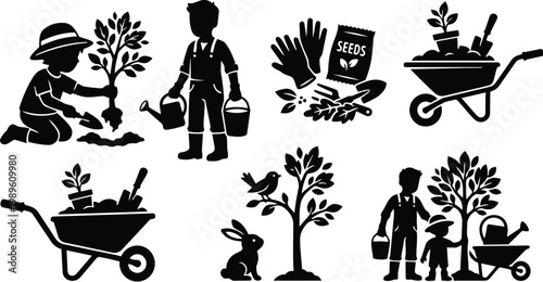 Gardening silhouettes with wheelbarrow plants and children in vector art scene