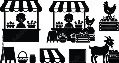 Vector market stalls with produce and animals in black and white silhouette