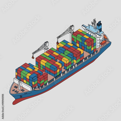 Cargo Ship Laden with Colorful Shipping Containers Illustration.