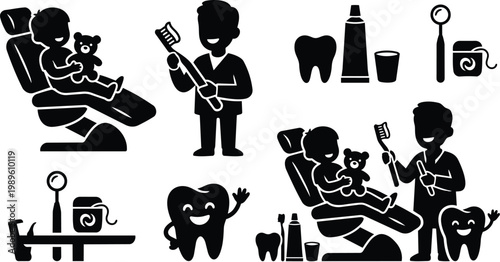 Dental clinic scene with patient in chair and dentist with tools