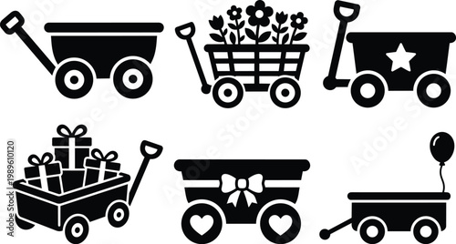 Vector line art set of gift wagons with flowers and balloon collection