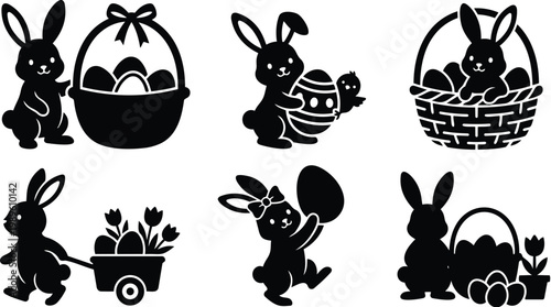 Vector art set of easter bunnies with baskets and eggs in playful silhouettes