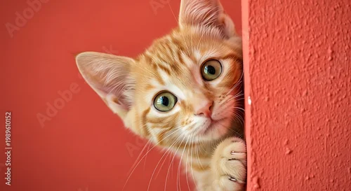 Fototapeta na wymiar Adorable orange tabby kitten with bright green eyes peeking from behind a textured red wall animal photography baby animal
