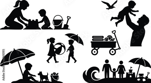 Vector silhouette of children at the beach with umbrellas and castle toys