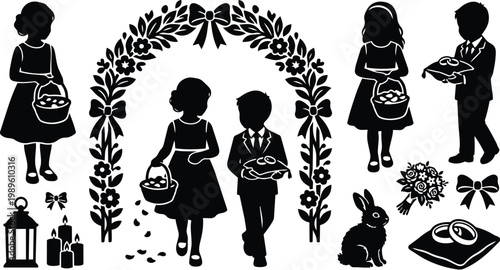 Silhouette wedding procession under floral arch with ring bearer and bridesmaids