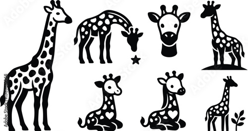 Line art giraffe family with spotted patterns and playful silhouettes in black on white