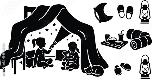 Two kids building a blanket fort under starry night with teddy bear and cat